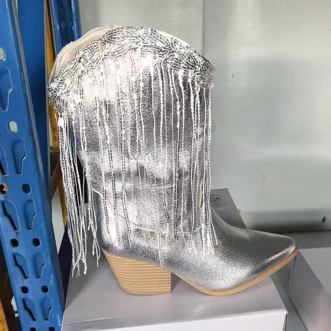 Damen kniehohe Fransen-Cowboystiefel mit feiner Perlenfransen-Verzierung und geformtem Blockabsatz Drune