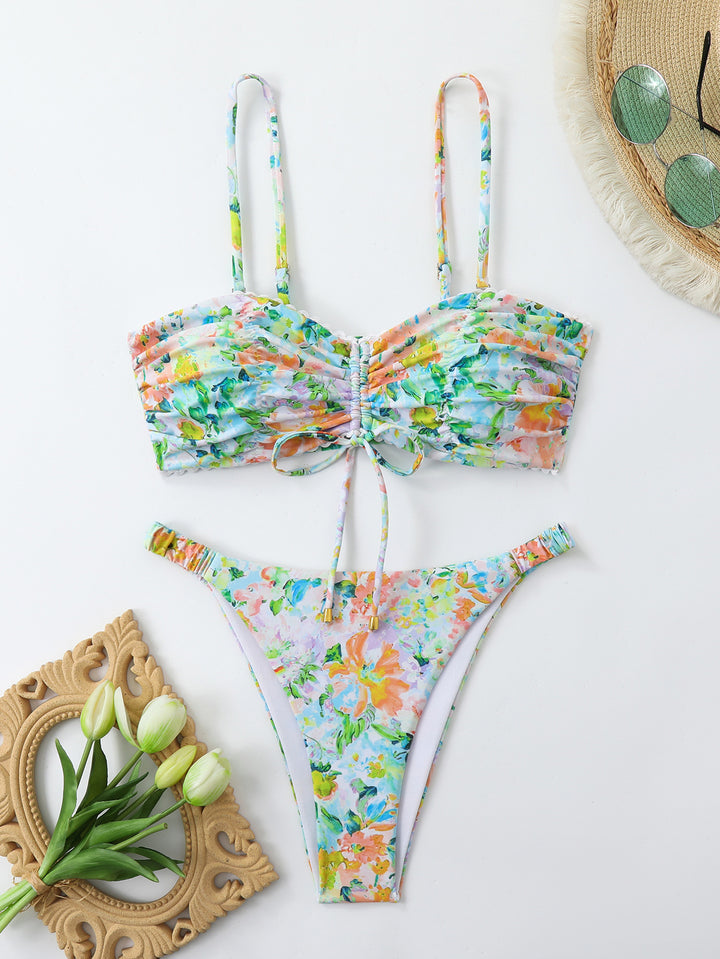 Damen-Bikini-Set mit Raffung und romantischem Blumendesign Drune