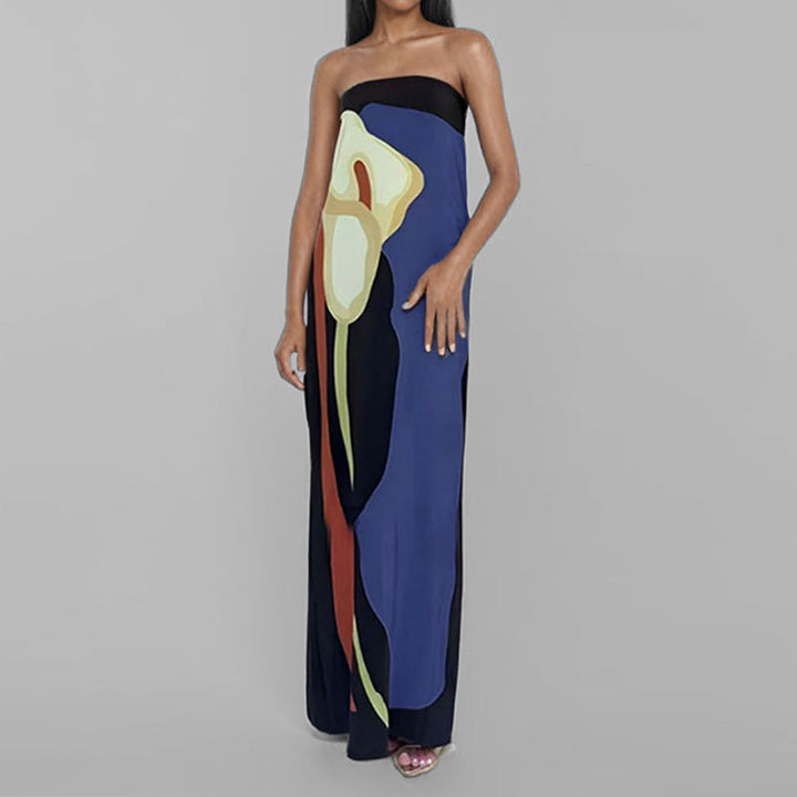 Damen Abendkleid mit elegantem drapiertem Oberteil und künstlerischem Print Drune