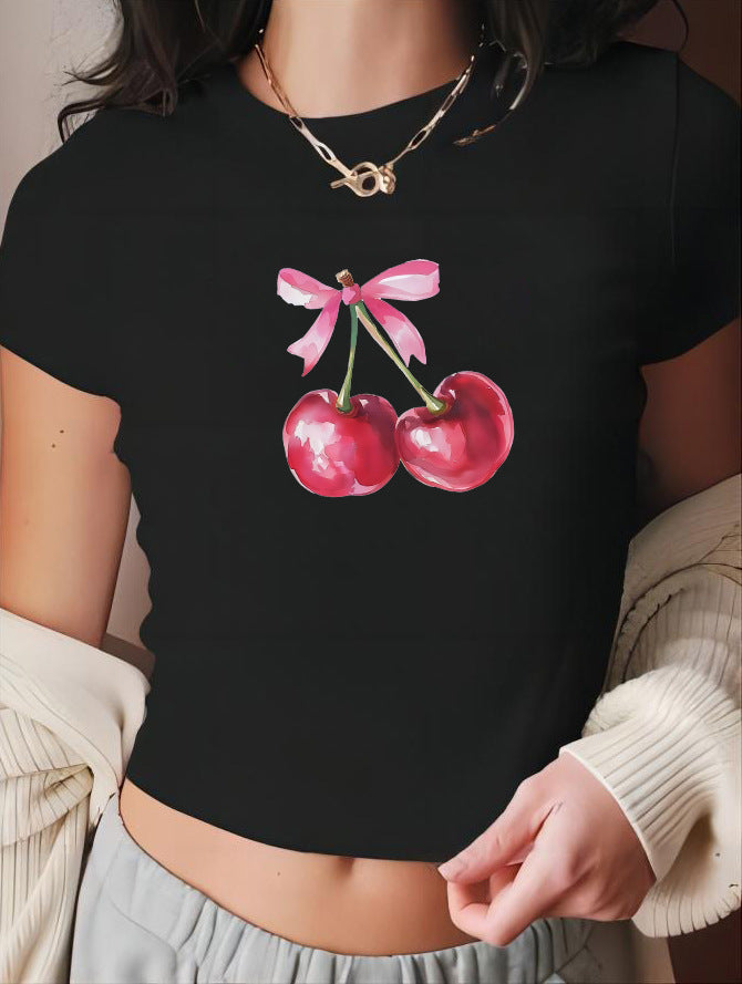 Damen Crop-T-Shirt mit fröhlichem Kirschmotiv Drune