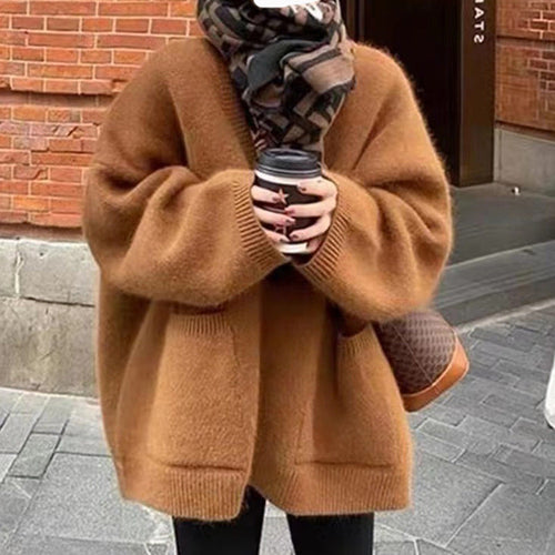 Drune | Strickjacke Übergröße Passform Weiche Wollmischung Tiefer V-Ausschnitt Taschen Lange Länge