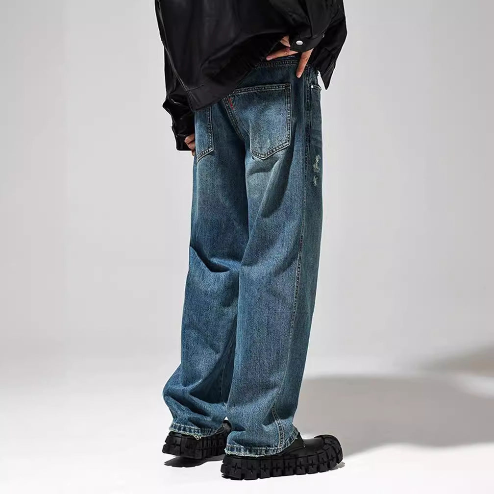 Herren Baggy Jeans im Vintage-Look mit distressed Effekten und hohem Bund Drune