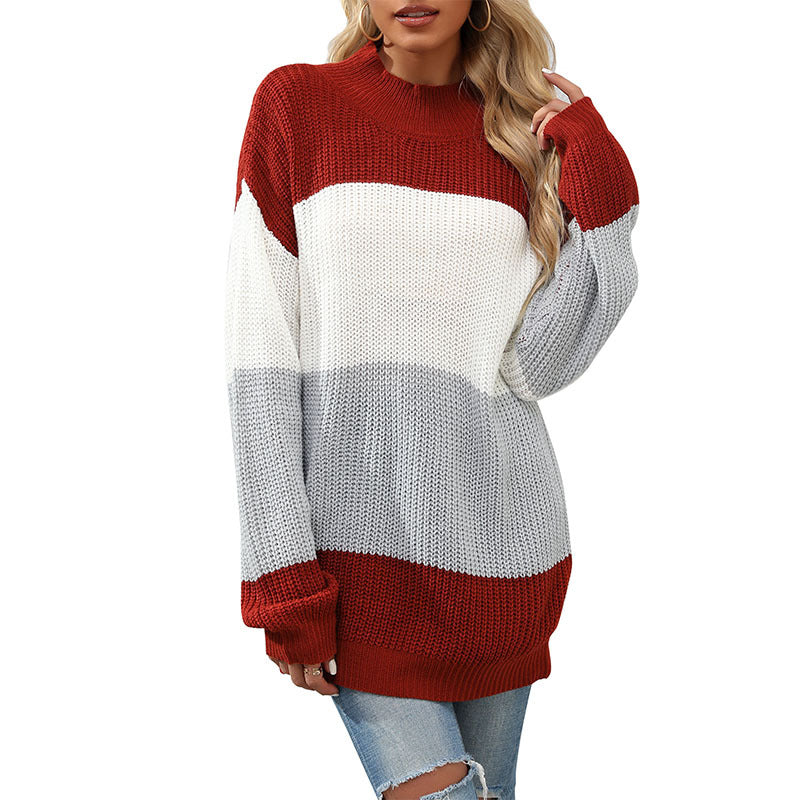Damen Strickpullover mit hohem Kragen und modernen Blockstreifen Drune