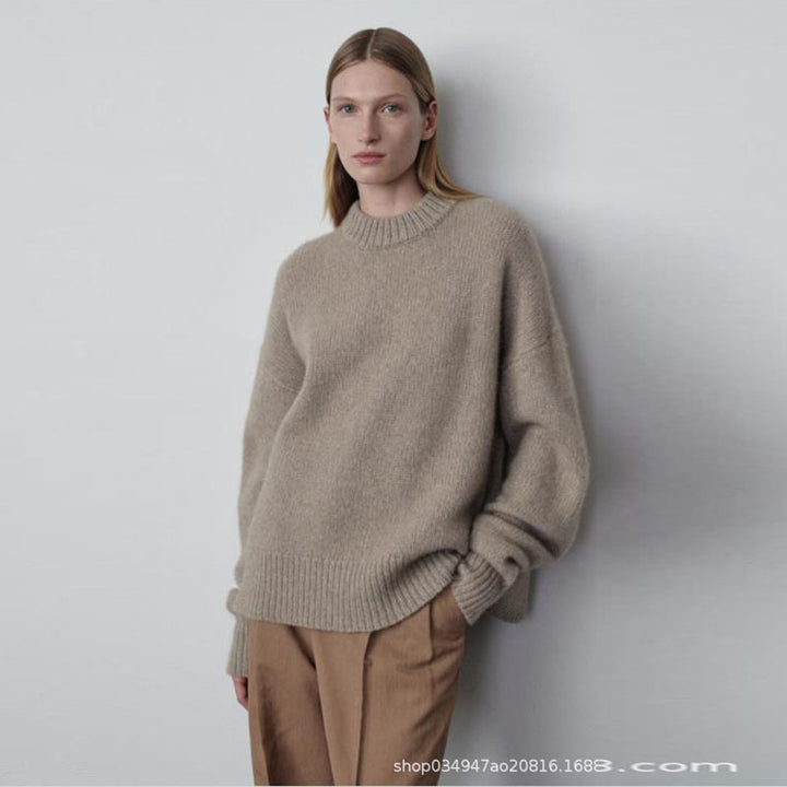 Damen modischer Grobstrickpullover mit überlangen Ärmeln Drune