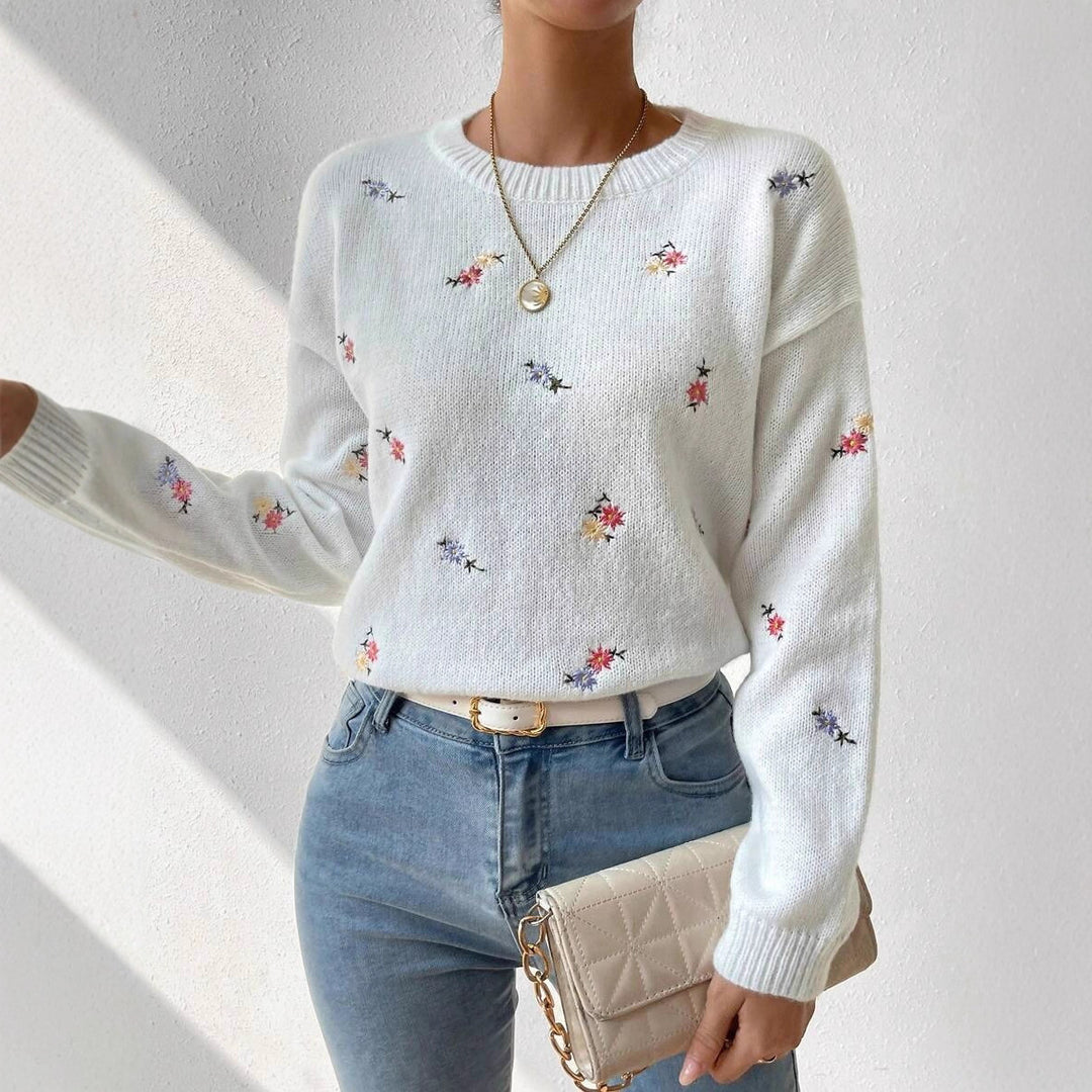 Damen Feinstrickpullover mit floralem Stickdesign und Rundhalsausschnitt Drune
