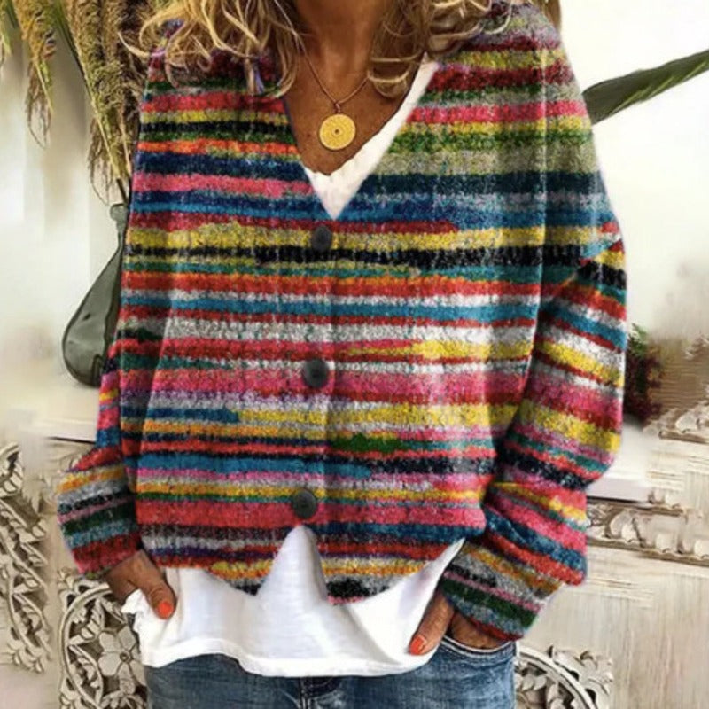 Damen lässiger Strickcardigan mit bunten Streifen und Knopfdetails Drune