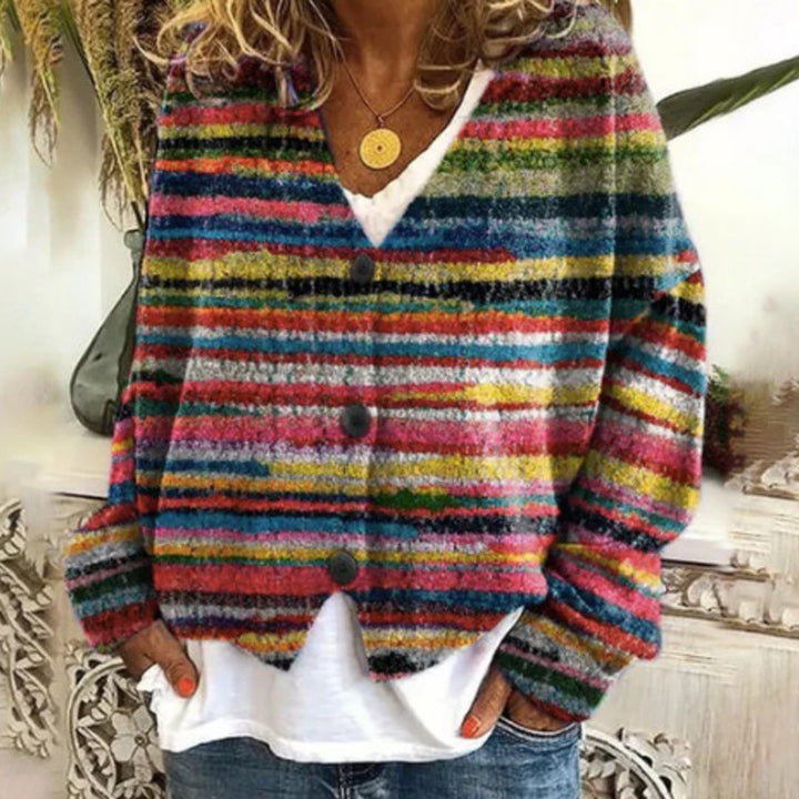 Damen lässiger Strickcardigan mit bunten Streifen und Knopfdetails Drune
