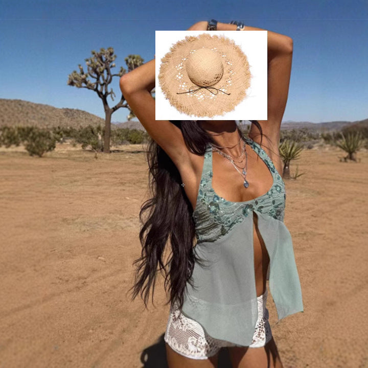 Damen Luftig-fließendes Strandtop mit Rüschendetails und transparenter Blende Drune