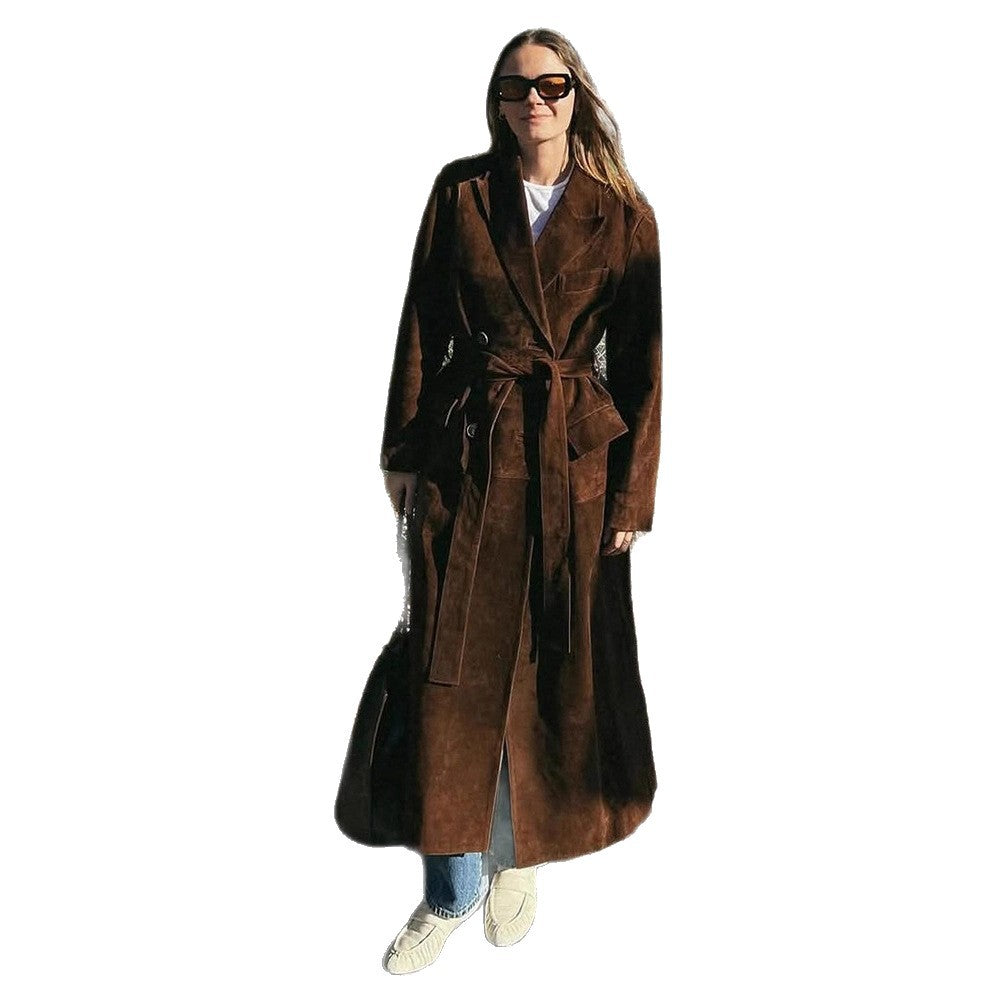 Damen Eleganter Wildledermantel mit Taillengürtel Drune