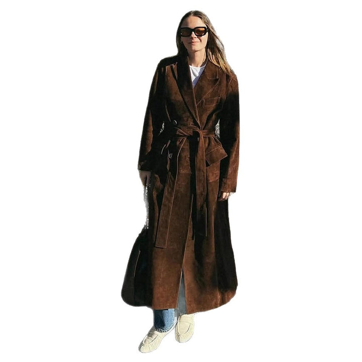 Damen Eleganter Wildledermantel mit Taillengürtel Drune