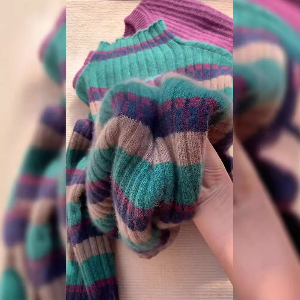 Damen Rippstrickpullover mit hohem Kragen und modischem Streifenmuster Drune