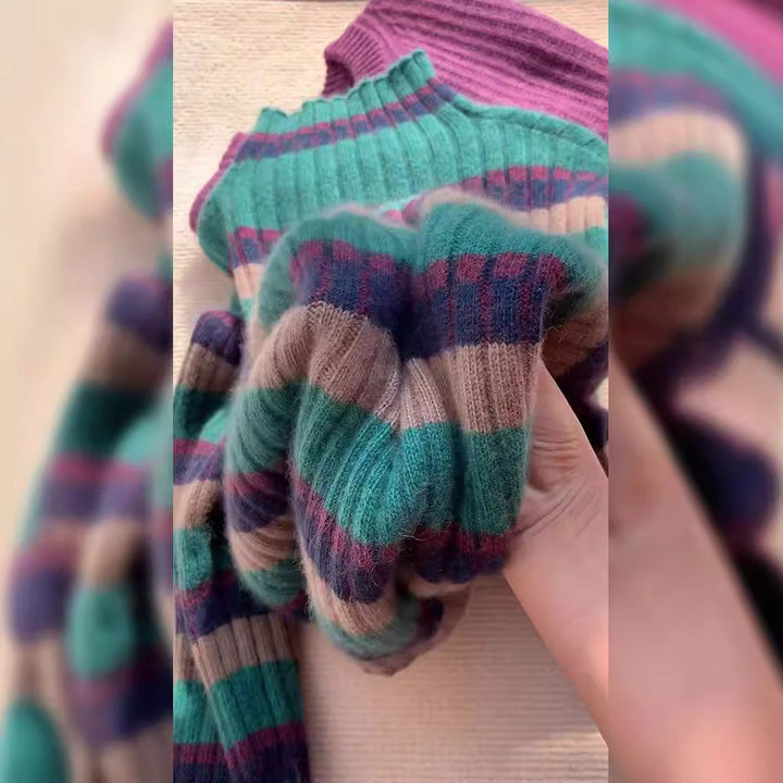 Damen Rippstrickpullover mit hohem Kragen und modischem Streifenmuster Drune