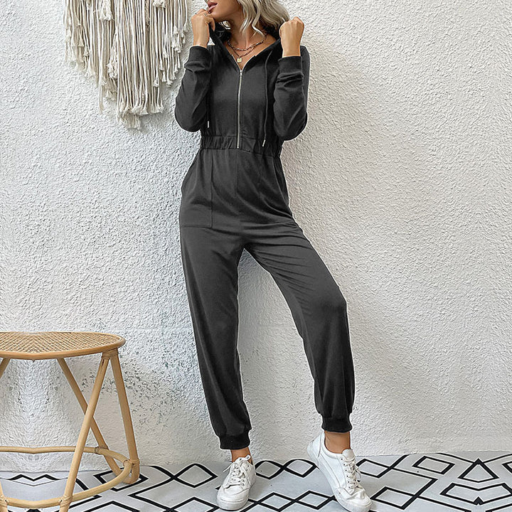 Damen Kapuzensweat Jumpsuit mit hochwertigem Reißverschluss und elastischen Bündchen Drune