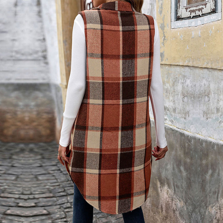 Damen Langarm-Weste mit Karo-Muster und praktischen Taschen Drune
