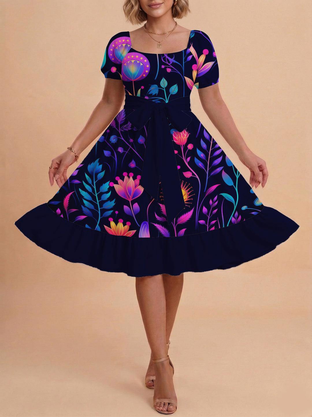Damen modernes Blumenkleid mit elegantem Taillengürtel und asymmetrischem Saum Drune
