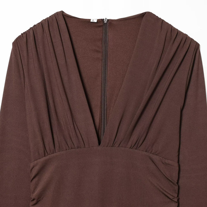 Damen Maxikleid mit tiefem V-Ausschnitt und drapierten Details Drune