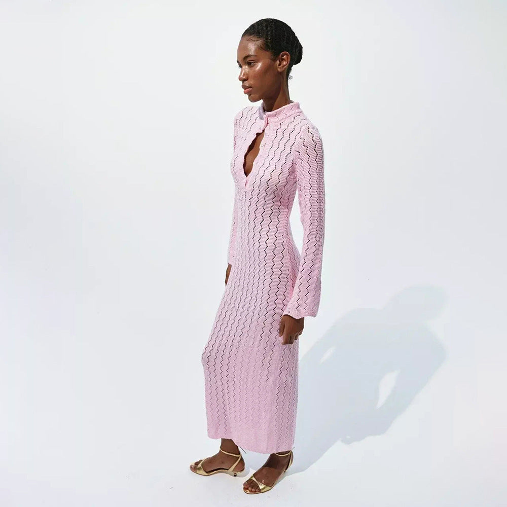 Damen Figurumspielendes Maxikleid mit hohem Kragen Drune