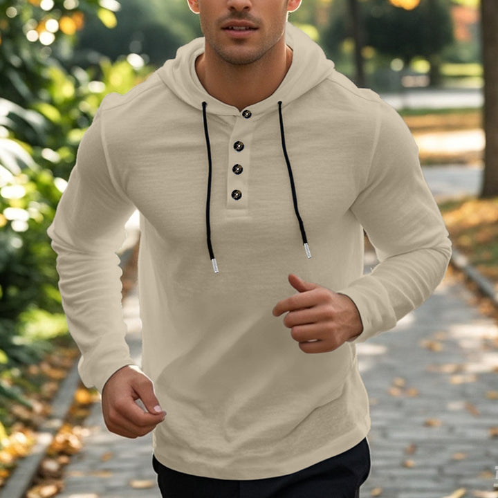 Herren nan athletisches Henley-Kapuzensweatshirt mit verlängerter Knopfleiste und Kordelzug Drune
