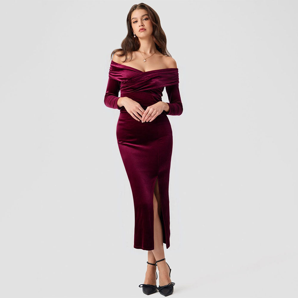 Damen Luxuriöses Abendkleid mit schulterfreiem Design und seitlichem Schlitz Drune