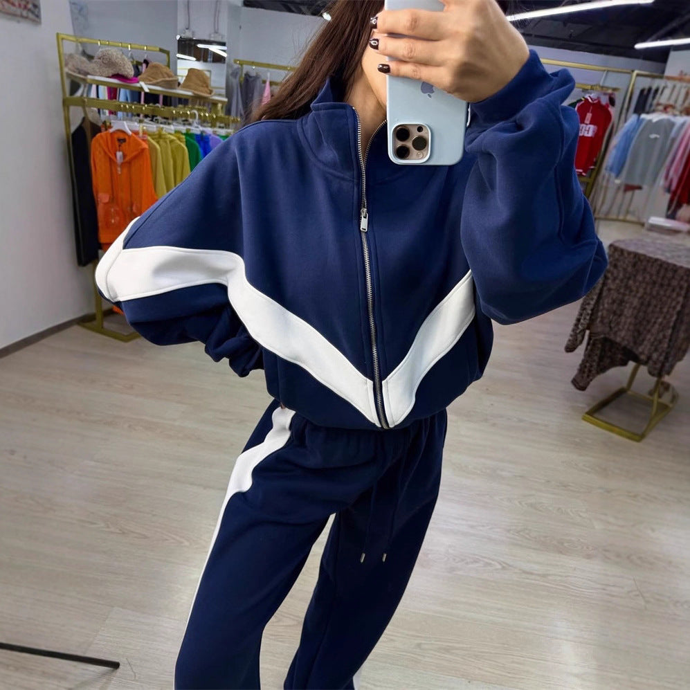 Damen Sportlicher Jogginganzug mit hohem Kragen und markanten Kontraststreifen Drune