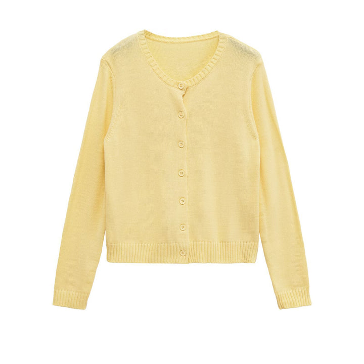 Damen feine Strickjacke mit durchgehender Knopfleiste und weichem Rundhalsausschnitt Drune