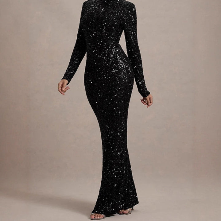 Damen Glitzerndes Abendkleid mit hohem Kragen und figurbetontem Schnitt Drune
