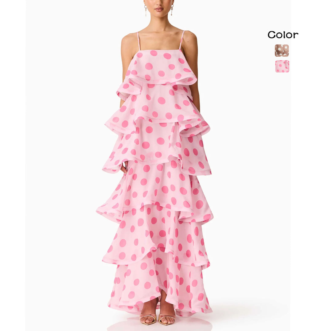 Damen Maxikleid mit verspielten Rüschen und Punkten Drune