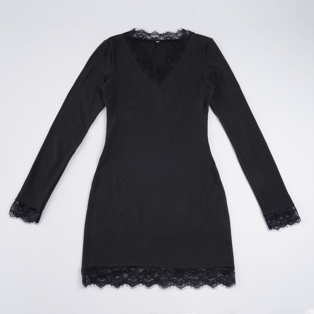 Damen nan figurbetontes Langarm-Midikleid mit tiefem V-Ausschnitt und floraler Spitzenkante Drune