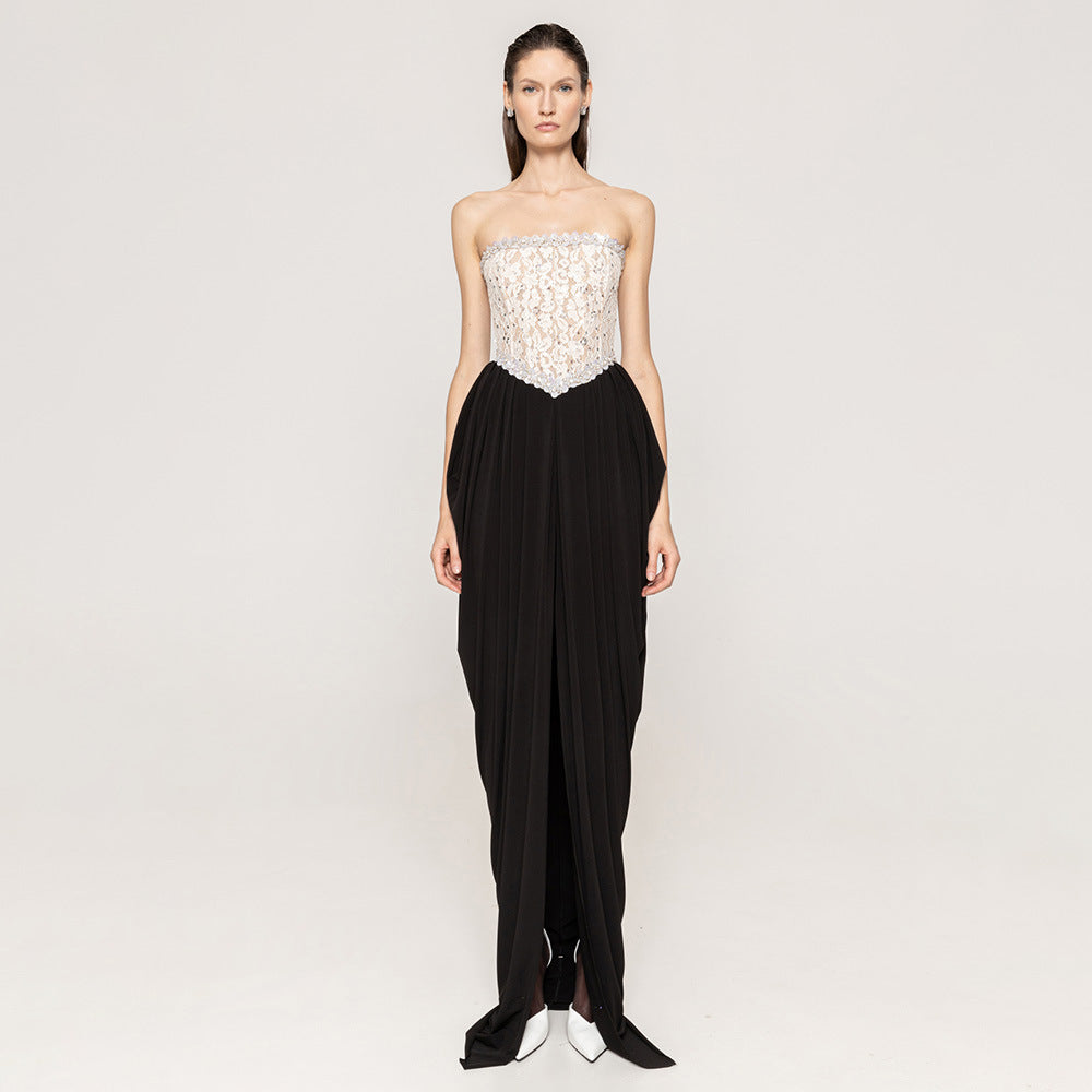 Damen elegantes Abendkleid mit schimmerndem Spitzenoberteil und Drapierungsdetails Drune
