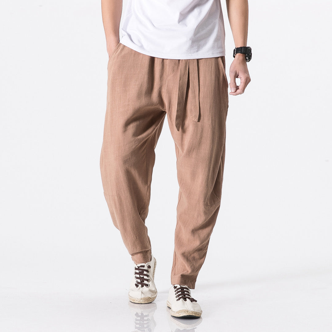 Herren nan entspannte Leinen-Baumwoll Harem-Joggerhose mit verdecktem Tunnelzug und tapered Bein Drune