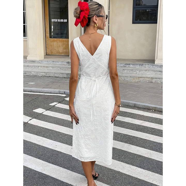 Damen Midikleid mit eleganter Lochstickerei und V-Ausschnitt Drune