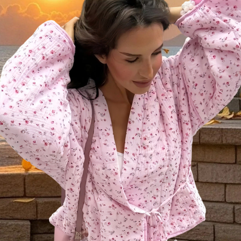 Damen Leichte Übergangsjacke mit floralen Mustern und voluminösen Ärmeln Drune