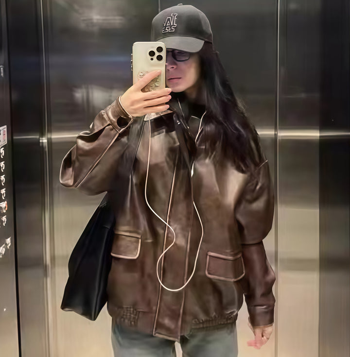 Damen modische oversized Lederjacke mit strukturiertem Design Drune
