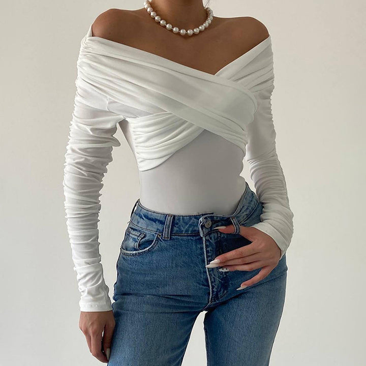 Damen eleganter Body mit drapiertem Oberteil und schmalen Ärmeln Drune