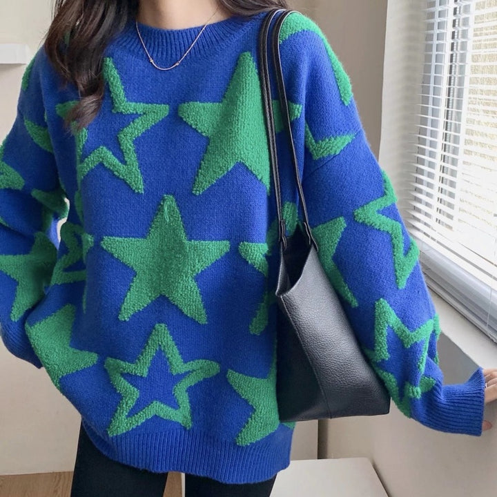 Damen lässiger Oversize-Pullover mit Sternenmuster Drune