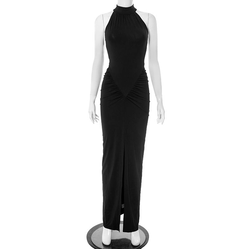 Damen elegantes Maxikleid mit hochgeschlossenem Kragen und raffinierten Raffungselementen Drune