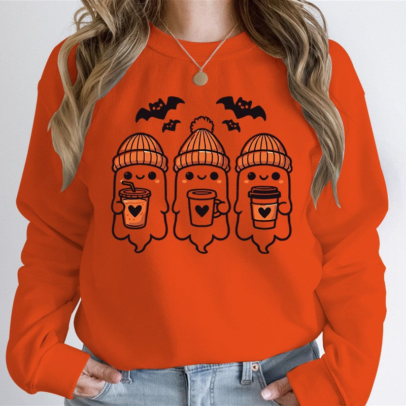Damen nan gemütlicher Halloween Grafikpullover mit niedlichen Geist-Motiven, Rundhalsausschnitt und weichem Baumwollmix Drune