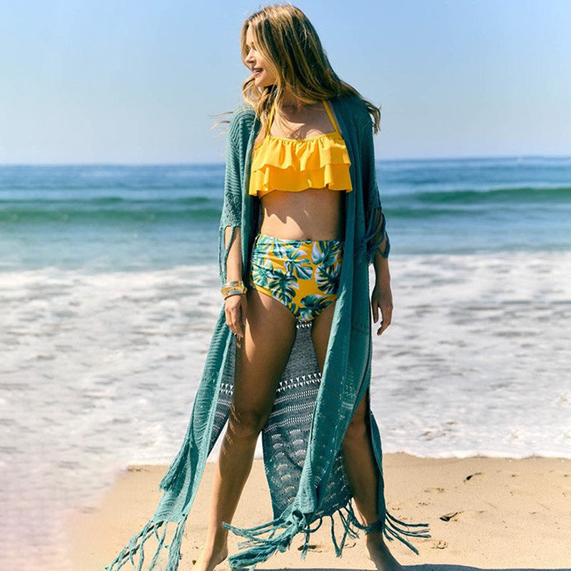 Damen Häkel-Strandkimono mit fransigen Details und Bindegürtel Drune