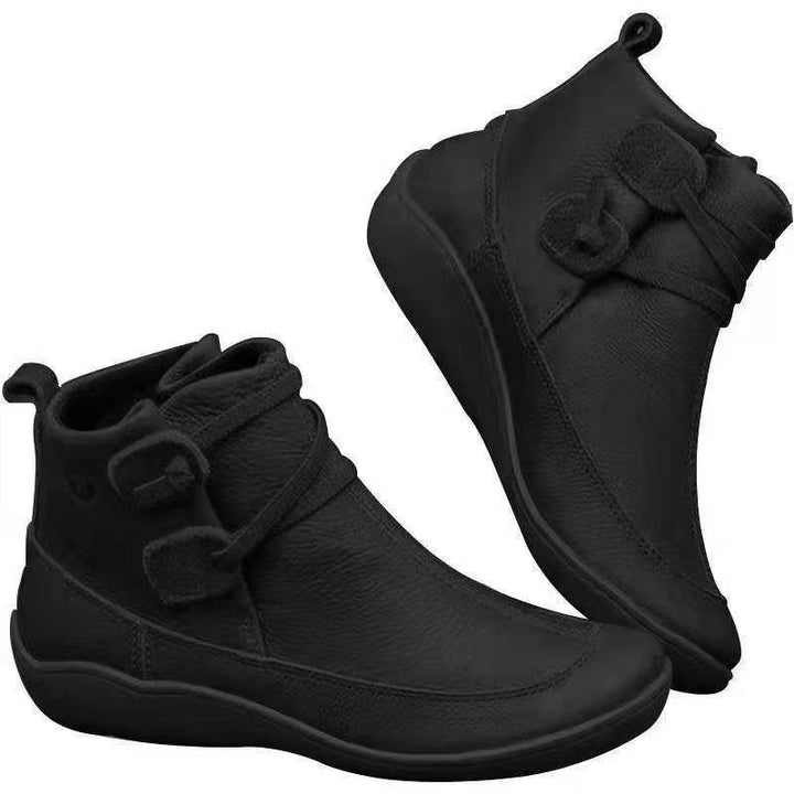 Damen nan knöchelhohe Softleder-Slipperstiefelette mit Schlaufen-Wickelriemen und ergonomischer Gummilaufsohle Drune