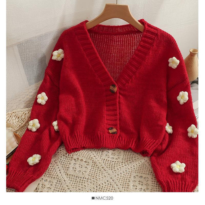 Damen kuschelige Strickjacke mit verspielten Blumenapplikationen Drune