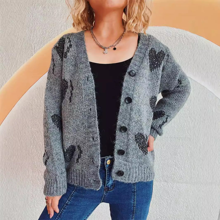 Damen kuschelige Strickjacke mit Herzdesign Drune