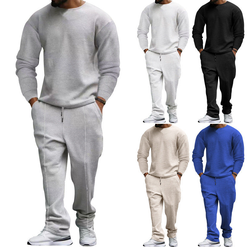 Herren nan strukturiertes Lounge-Set mit Rundhals-Pullover und schmal zulaufender Naht-Jogginghose Drune