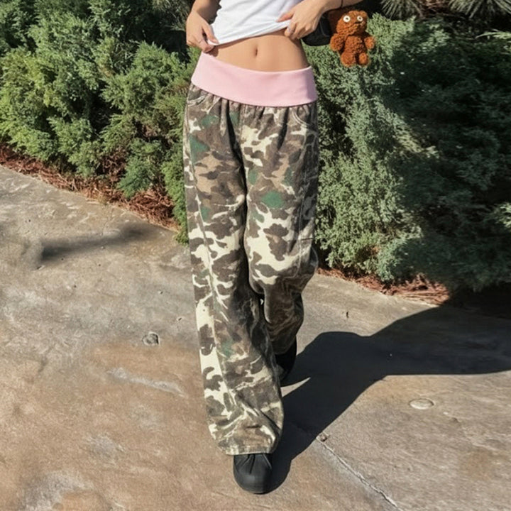 Damen bequeme Cargohose mit elastischem Bund und Camouflage-Muster Drune