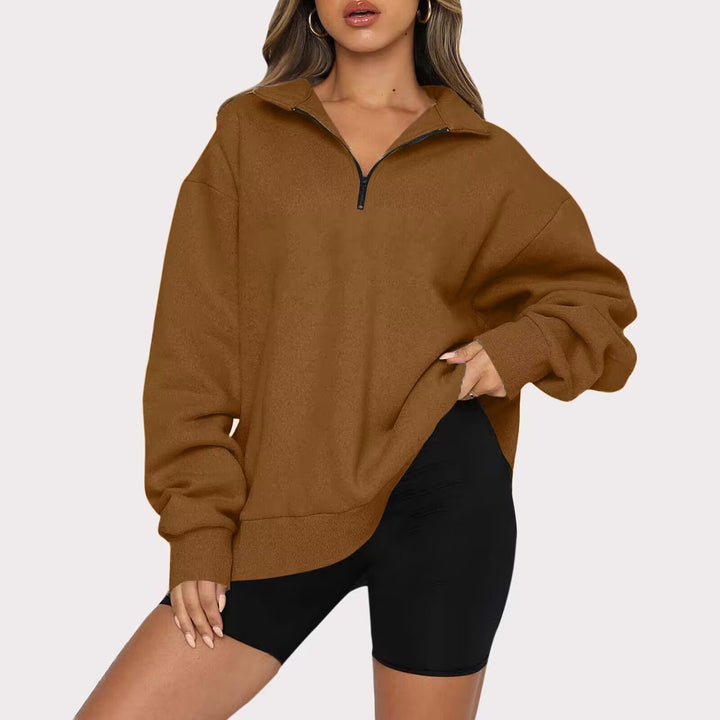 Damen nan oversized Sweatshirt mit halbem Reißverschluss, weichem Fleece-Innenfutter und Kängurutasche Drune