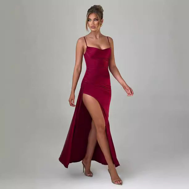 Damen Elegantes Maxikleid mit seitlichem Schlitz und schmalen Spaghettiträgern Drune