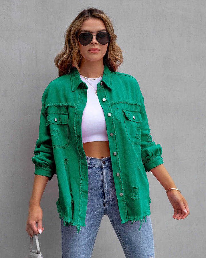 Damen stylische Oversized Jeansjacke mit distressed Effekt Drune