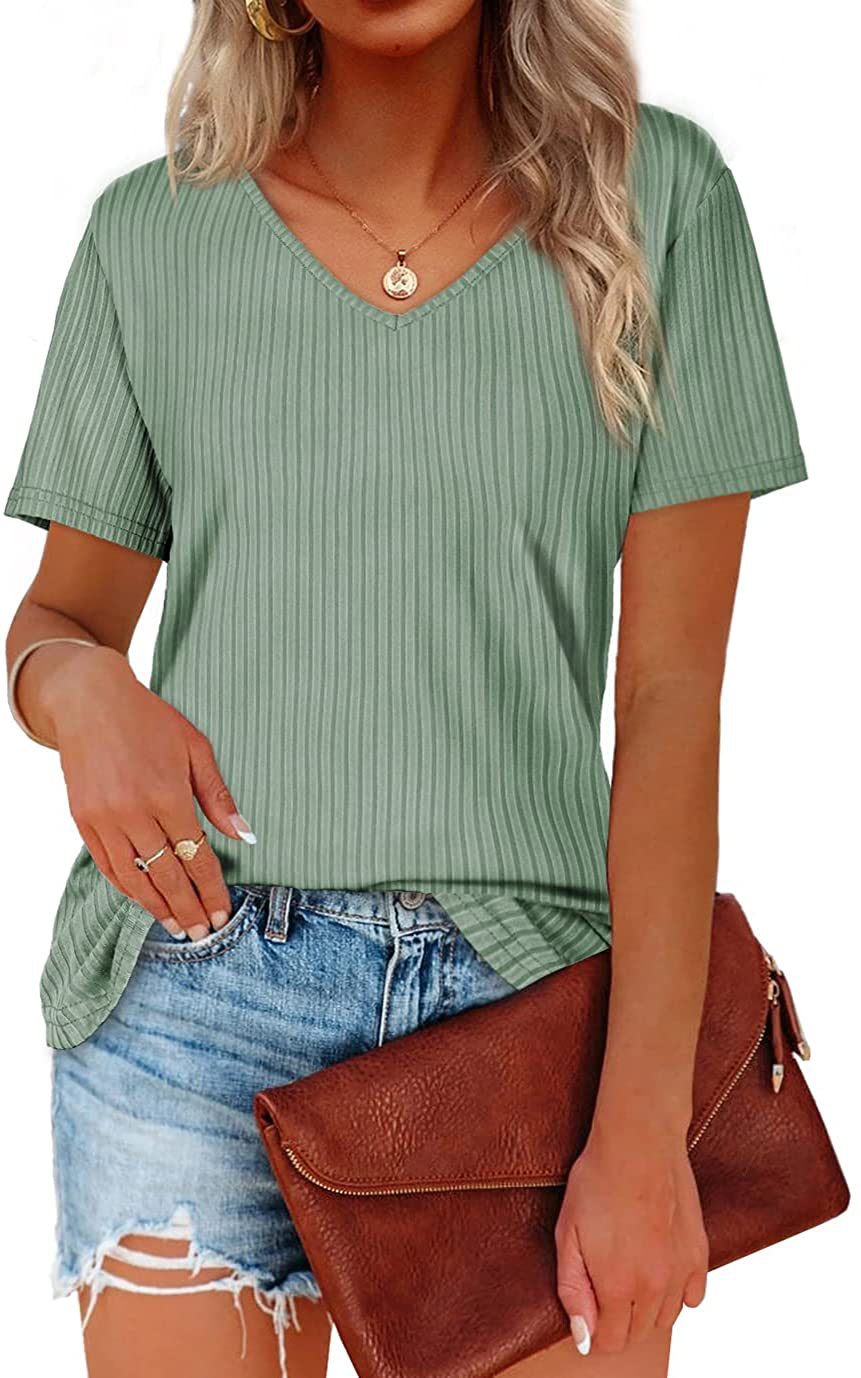 Damen Viskose T-Shirt mit feinem Rippstrickmuster und lässigem V-Ausschnitt Drune