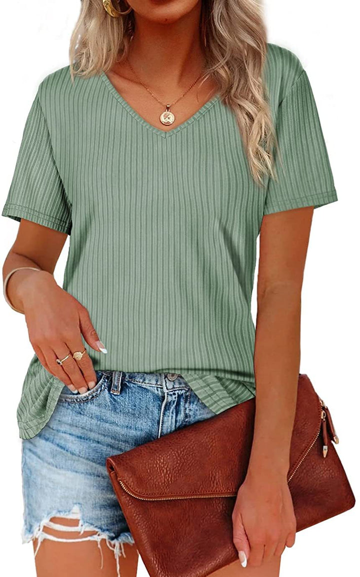 Damen Viskose T-Shirt mit feinem Rippstrickmuster und lässigem V-Ausschnitt Drune