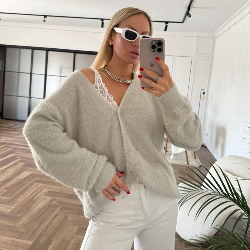Damen kuscheliger Cardigan mit V-Ausschnitt und weichen Ärmeln Drune