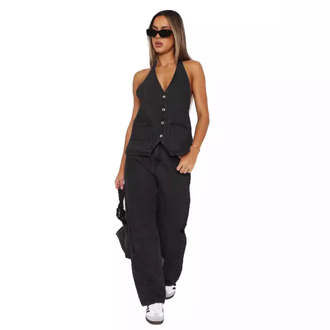 Damen Denim-Kleid mit ärmellosem Design und praktischen Taschen Drune